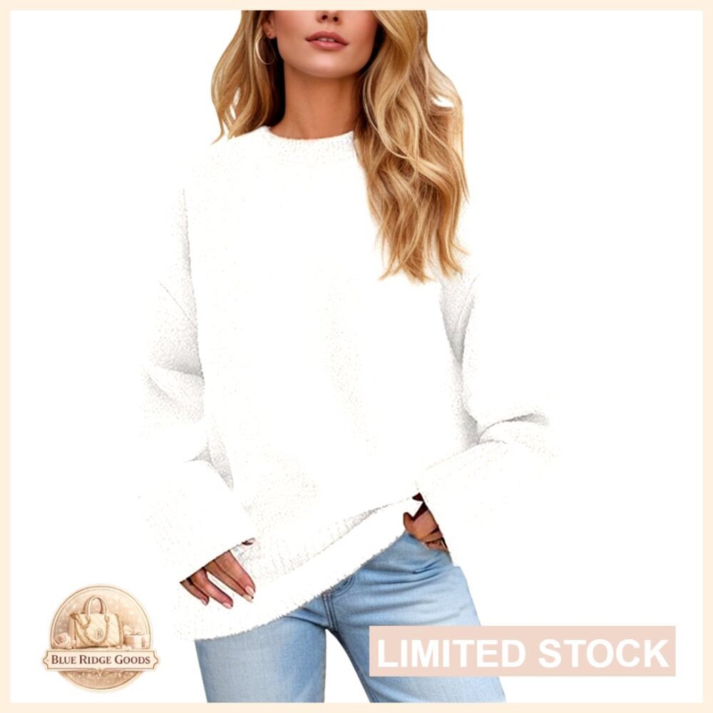 Oversized Crewneck Sweater, Long Sleeve Fuzzy Knit Pullover, Acrylic